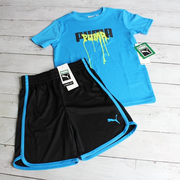 Puma Boy's Athletic Shorts T Shirt Set Youth Size 4 4T Blue Black Lime - Picture 2 of 4